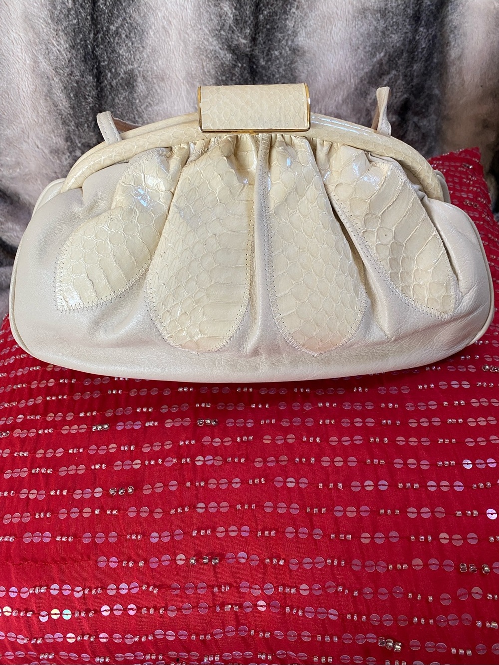 Lisette New York Snake and Cream Leather Gold Hardware Bag in Great Condition